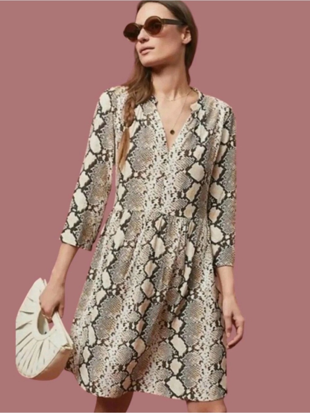 Anthropologie Maeve Snake Print V-Neck Midi Dress in Neutral Tones